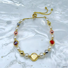 Heart Rainbow Multi 18K Gold Pearl Anti Tarnish Charm Adjustable Slider Bracelet For Women