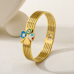 Evil Eye Clover Flower Green 18K Gold Enamel Stainless Steel Kada Bracelet For Women