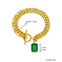 Emerald Green Crystal 18K Gold Stainless Steel Anti Tarnish Curb Dual Layer Bracelet For Women