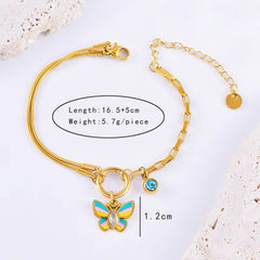 Butterfly Solitaire Crystal Enamel Multicolour 18K Gold Stainless Steel Anti Tarnish Snake Chain Charm Bracelet For Women