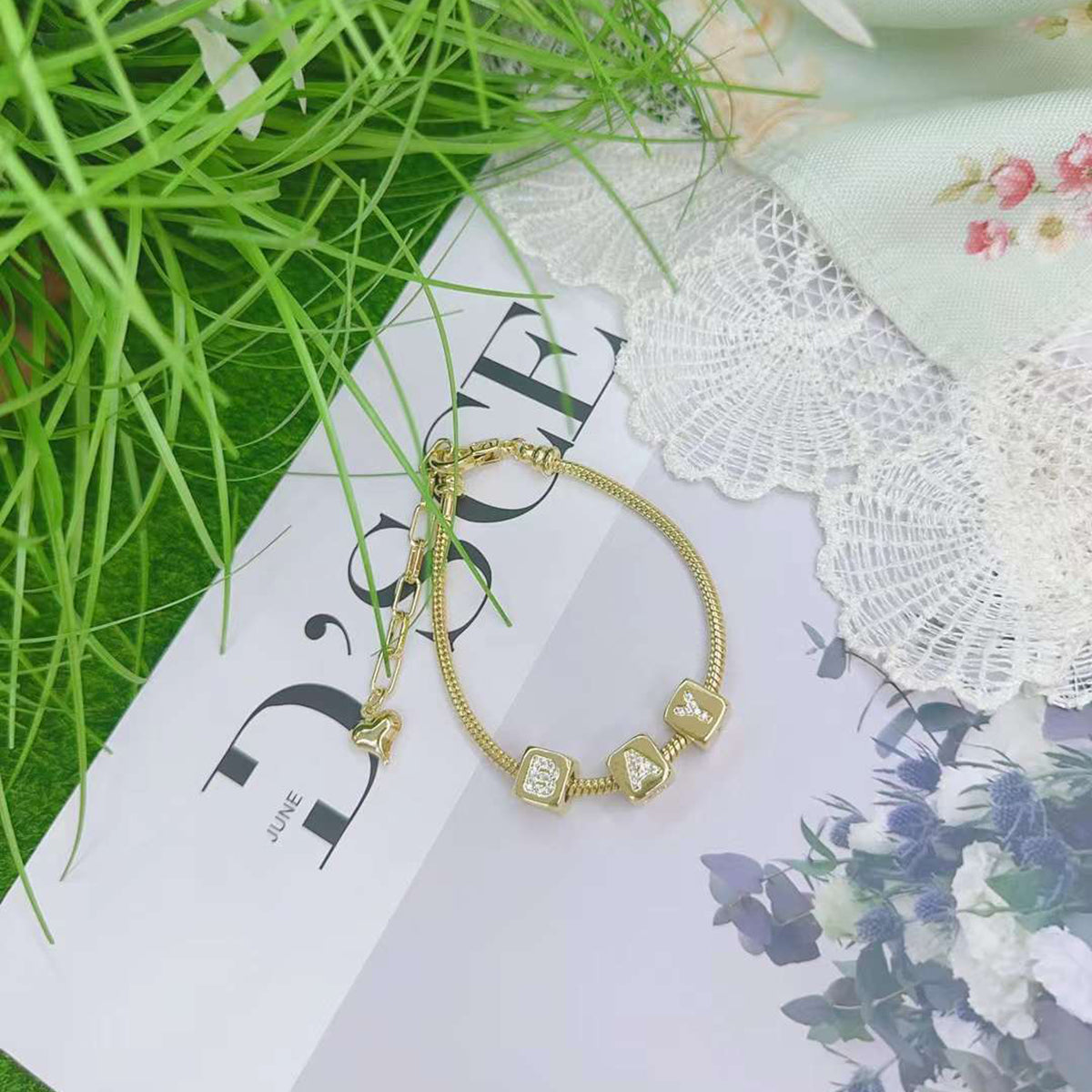 Box Alphabets Letter Cubic Zirconia 18K Gold Anti Tarnish Personalized Snake Chain Bracelet For Women