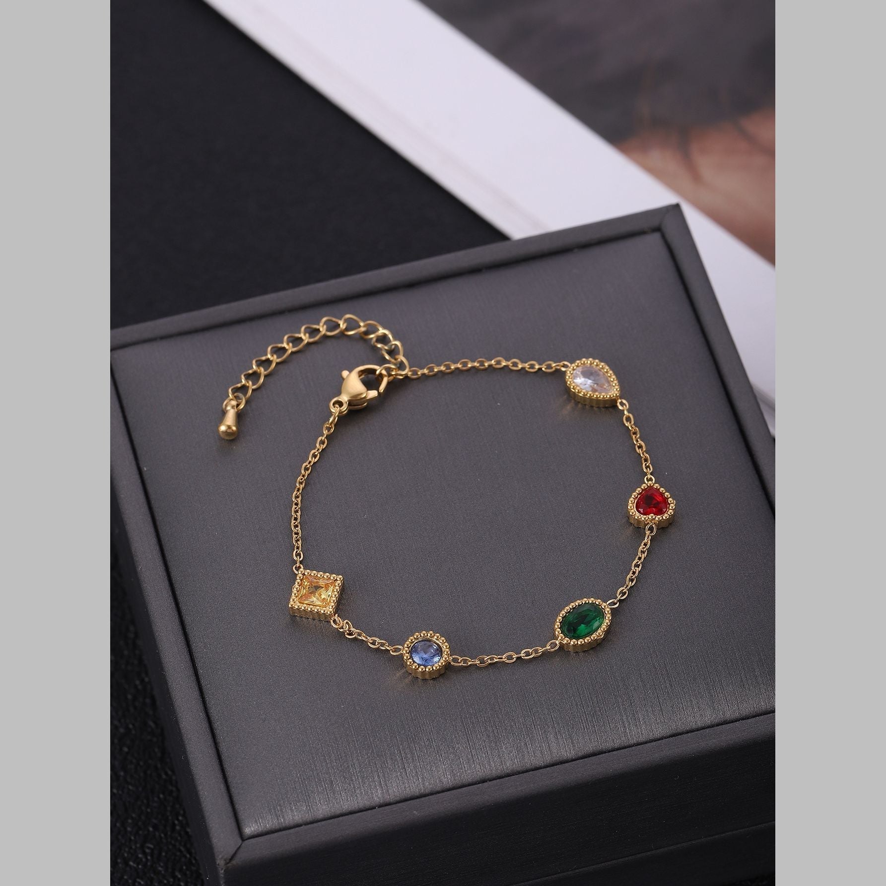 Clover Heart Charm Cubic Zirconia Crystal Multicolour 18K Gold Stainless Steel Anti Tarnish Link Chain Bracelet For Women