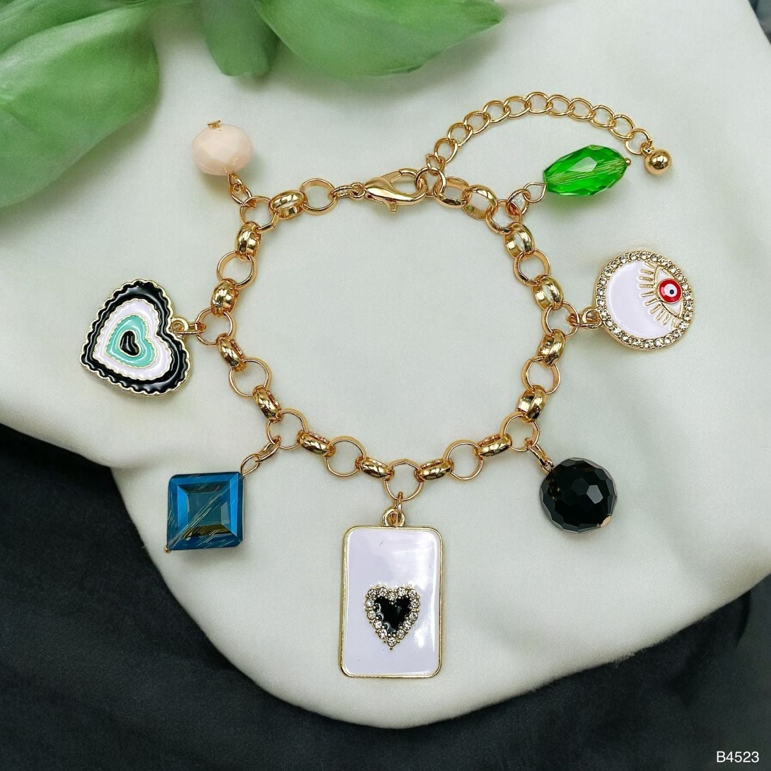 Heart Charm Enamel Cubic Zirconia Multicolour 18K Gold Anti Tarnish Chain Bracelet For Women