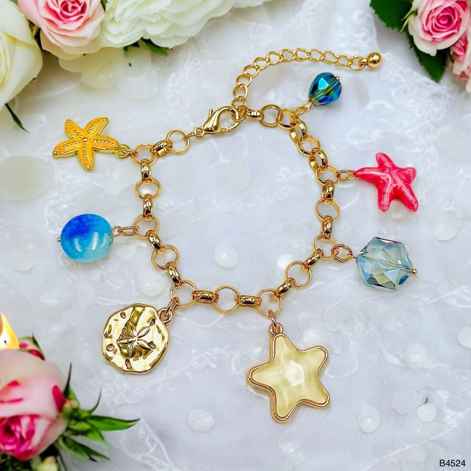 Star Fish Charm Mother Of Pearl Enamel Multicolour 18K Gold Anti Tarnish Chain Bracelet For Women