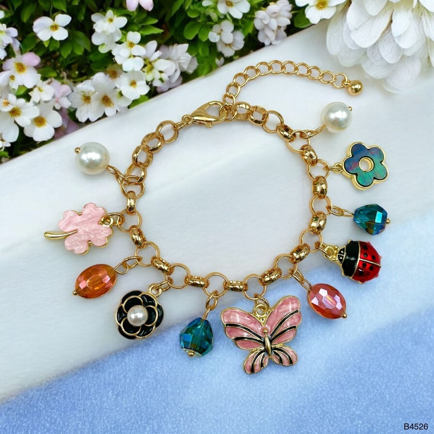 Butterfly Heart Charm Enamel Pearl Multicolour 18K Gold Anti Tarnish Chain Bracelet For Women