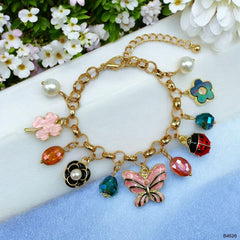 Butterfly Heart Charm Enamel Pearl Multicolour 18K Gold Anti Tarnish Chain Bracelet For Women