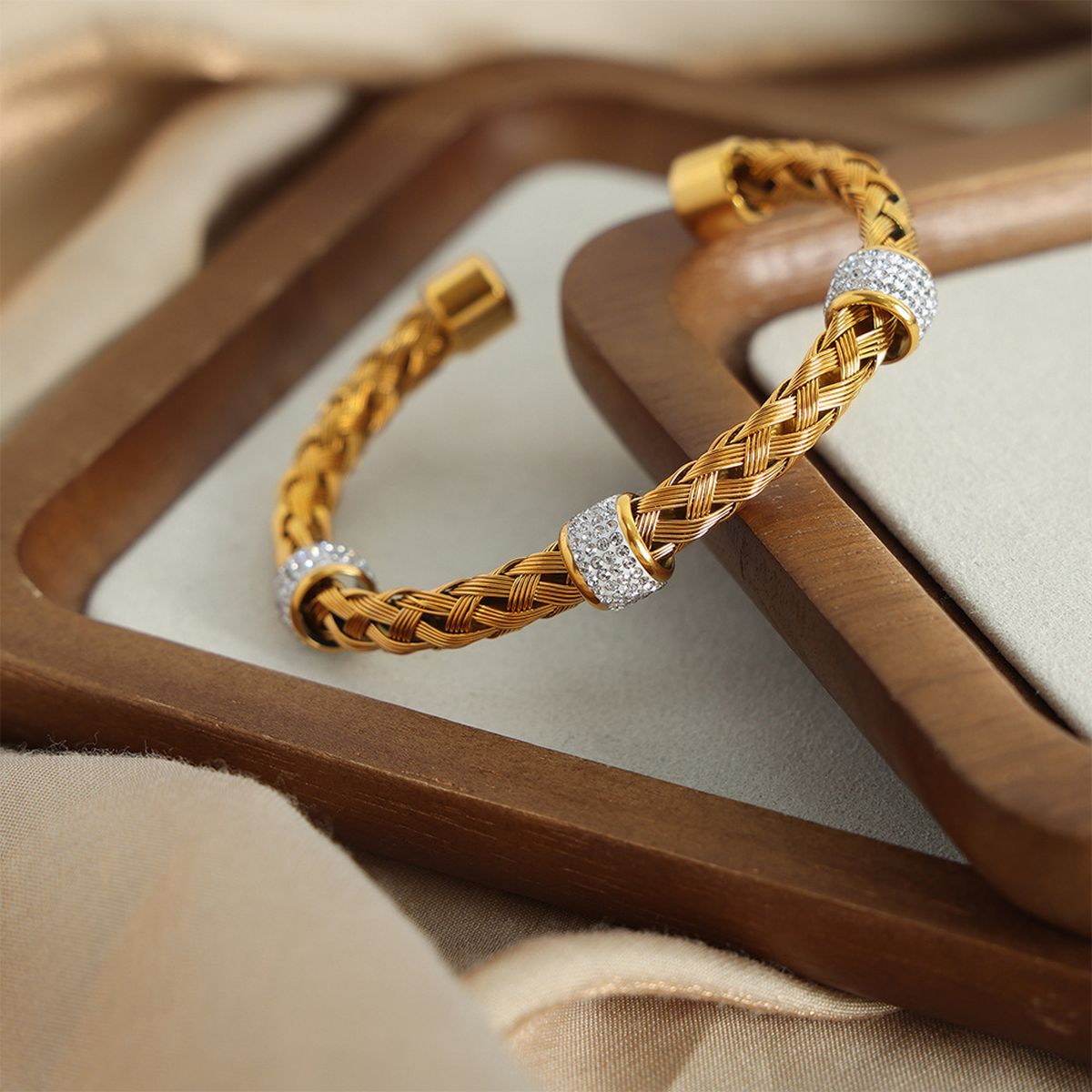 Mesh Cubic Zirconia 18K Gold Silver Stainless Steel Anti Tarnish Cuff Kada Bracelet For Women