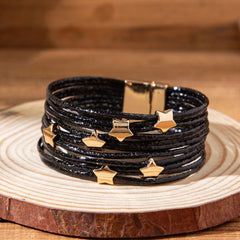 Star 18K Gold Brown Anti Tarnish Wrist Band Leather Bracelet For Women