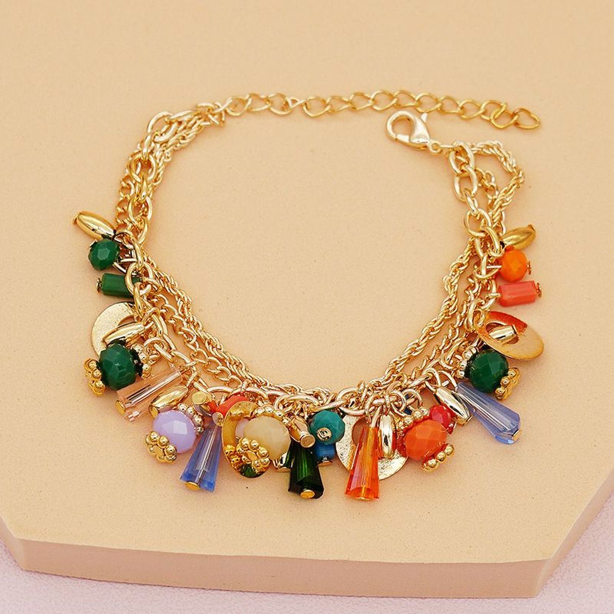 Rainbow Charm Rhinestone Beads 18K Gold Anti Tarnish Link Chain Layer Bracelet For Women