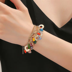 Rainbow Charm Rhinestone Beads 18K Gold Anti Tarnish Link Chain Layer Bracelet For Women
