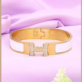 H Lock 18K Gold White Cubic Zirconia Enamel Anti Tarnish Kada Bracelet For Women