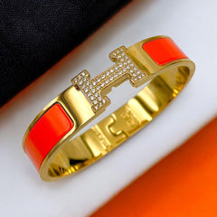 H Lock 18K Gold White Cubic Zirconia Enamel Anti Tarnish Kada Bracelet For Women