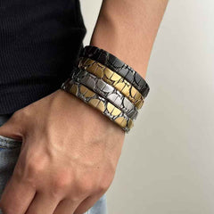 Geometric Shape on Surface Black Stainless Steel Anti Tarnish Stackable Bracelet For Men