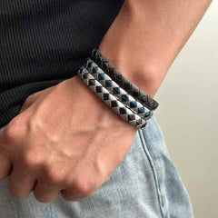 Square Shape On Surface Black Stainless Steel Anti Tarnish Stackable Bracelet For Men