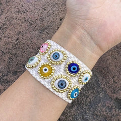 Evil Eye On Surface Gold Fabric Wrist Band Adjustable Bracelet
