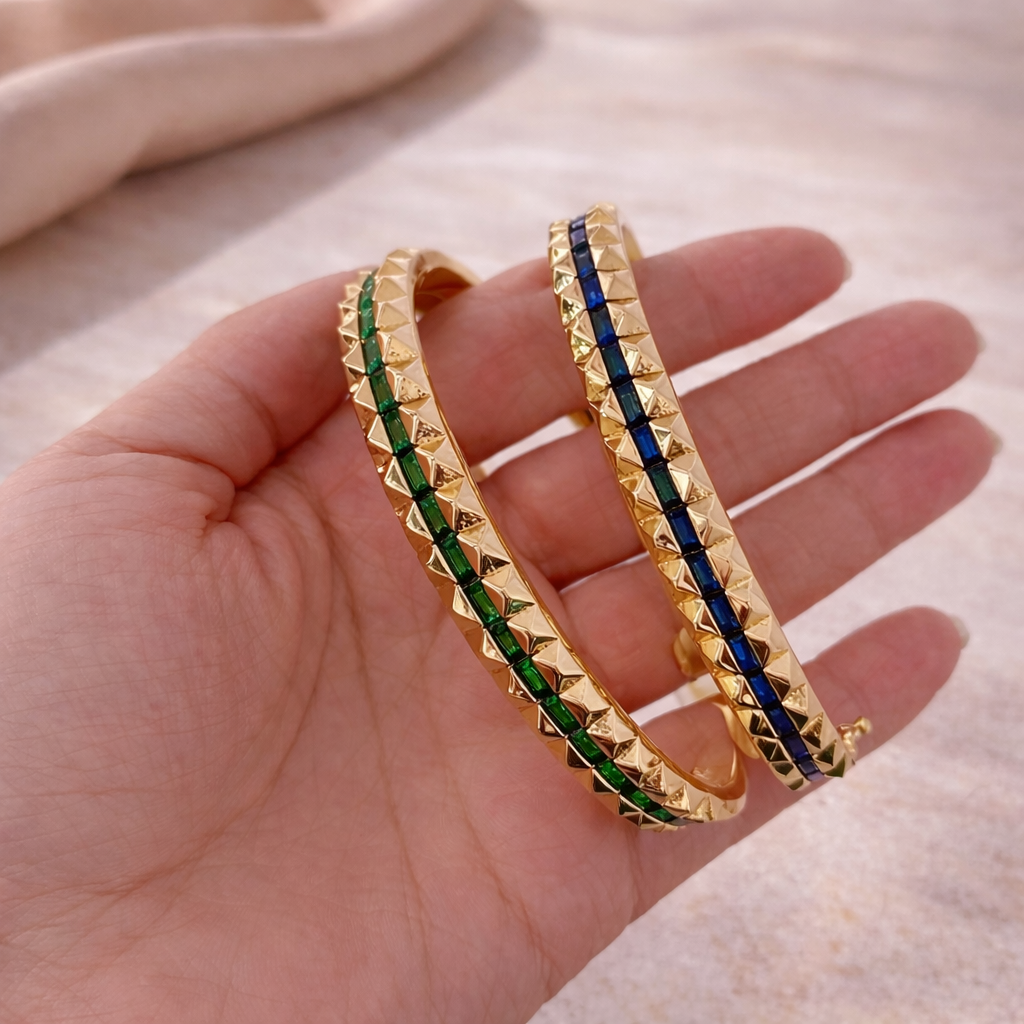 Blue Green Oval Shape Gold Plated CZ Anti Tarnish Brass Cuff & Kada