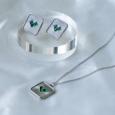 Square Heart Crystal Green Silver Stainless Steel Anti Tarnish Necklace Earring Set For Women