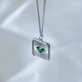 Square Heart Crystal Green Silver Stainless Steel Anti Tarnish Necklace Earring Set For Women