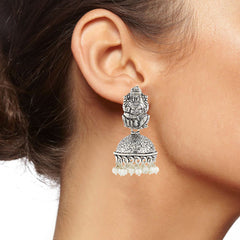 Temple Lakshmi Oxidized German Silver Pearl Floral Jhumki Earring