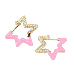 Light Blue Enamel Star Cubic Zirconia 18K Gold Hoop Earring for Women