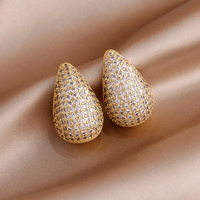 Teardrop Pave Paisley Mango CZ Gold Anti Tarnish Stud Earring