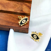 Oval Evil Eye Eyelash Blue Gold Copper Enamel Stud Earring Pair For Women