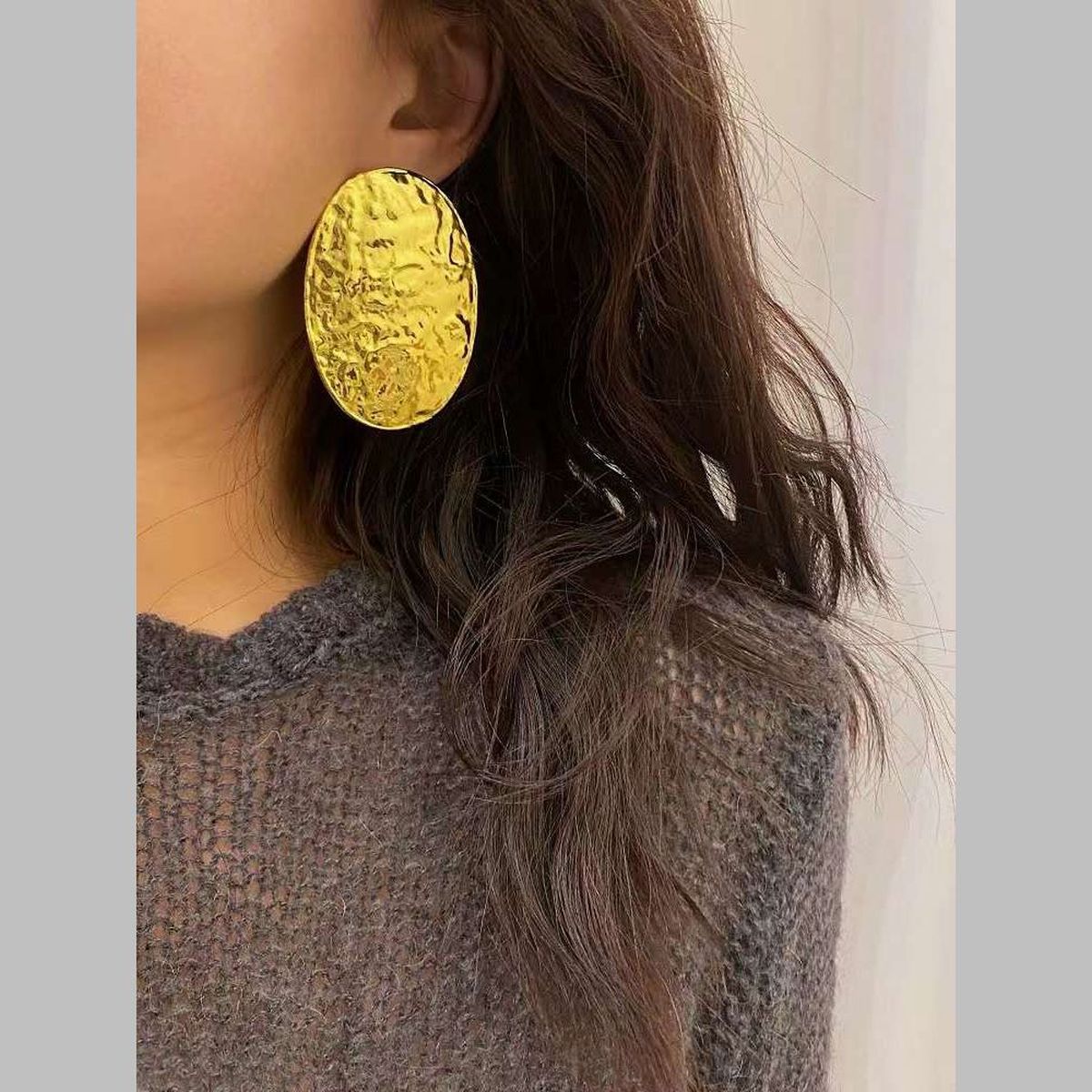 Dented Oval 18K Gold Anti Tarnish Dangler Stud Earring For Women