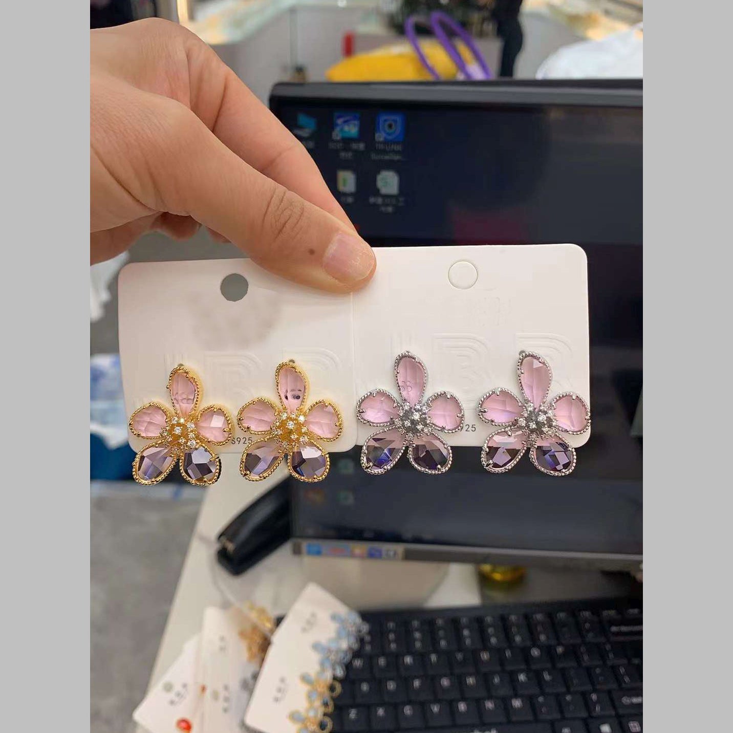 Flower Cubic Zirconia Pink 18K Gold Acrylic Anti Tarnish Stud Earring For Women