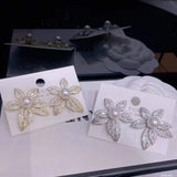 Flower Leaf 18K Gold White Cubic Zirconia Pearl Anti Tarnish Stud Earring For Women