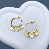 Clover Flower Pearl Stainless Steel White 18K Gold Anti Tarnish Hoop Earring For Women
