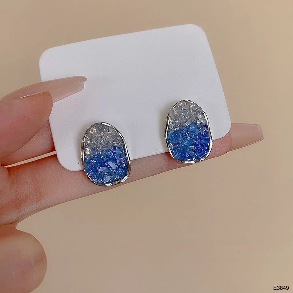 Oval Blue Silver Cubic Zirconia Crystal Anti Tarnish Stud Earring