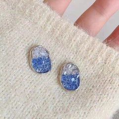 Oval Blue Silver Cubic Zirconia Crystal Anti Tarnish Stud Earring