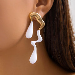 Long Drop White 18K Gold Enamel Stainless Steel Dangler Earring For Women