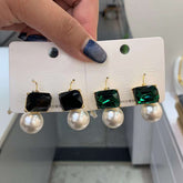 Emerald Rectangle Crystal Pearl Green White 18K Gold Anti Tarnish Dangler Drop Earring For Women