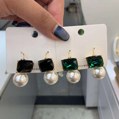 Emerald Rectangle Crystal Pearl Green White 18K Gold Anti Tarnish Dangler Drop Earring For Women