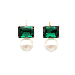 Emerald Rectangle Crystal Pearl Green White 18K Gold Anti Tarnish Dangler Drop Earring For Women