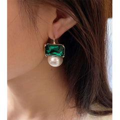 Emerald Rectangle Crystal Pearl Green White 18K Gold Anti Tarnish Dangler Drop Earring For Women