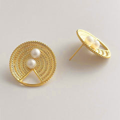 Woven Basket Pearl White 18K Gold Anti Tarnish Stud Earring For Women