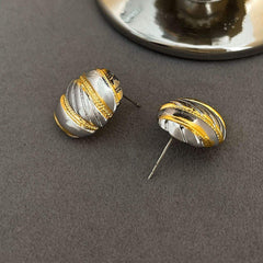 Stripes Oval Silver 18K Gold Anti Tarnish Stud Earring For Women
