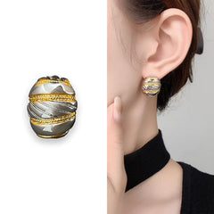 Stripes Oval Silver 18K Gold Anti Tarnish Stud Earring For Women