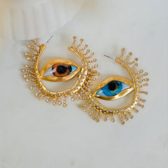 Evil Eye Sun Blue Brown Mismatch Color 18K Gold Cubic Zirconia Anti Tarnish Statement Hoop Earring For Women