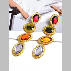 Oval Multi 18K Gold Cubic Zirconia Crystal Anti Tarnish Dangler Tassel Earring For Women