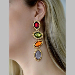 Oval Multi 18K Gold Cubic Zirconia Crystal Anti Tarnish Dangler Tassel Earring For Women