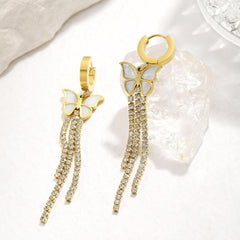 Butterfly Solitaire Cubic Zirconia Mother Of Pearl White 18K Gold Stainless Steel Anti Tarnish Dangler Tassel Earring For Women