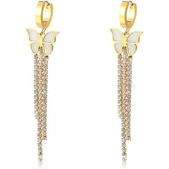 Butterfly Solitaire Cubic Zirconia Mother Of Pearl White 18K Gold Stainless Steel Anti Tarnish Dangler Tassel Earring For Women