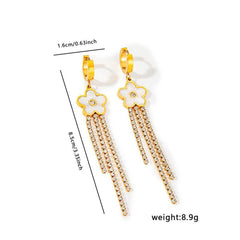 Clover Flower Solitaire Cubic Zirconia Mother Of Pearl White 18K Gold Stainless Steel Anti Tarnish Dangler Tassel Earring For Women