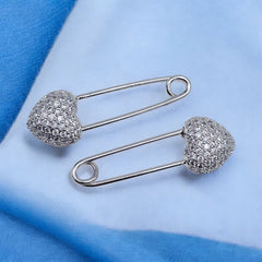 Safety Pin Heart Cubic Zirconia Silver Anti Tarnish Stud Earring For Women