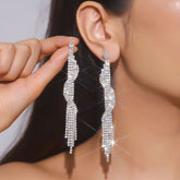 Wave Rhinestone Silver Anti Tarnish Tassel Dangler Earring For Women