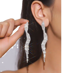 Wave Rhinestone Silver Anti Tarnish Tassel Dangler Earring For Women