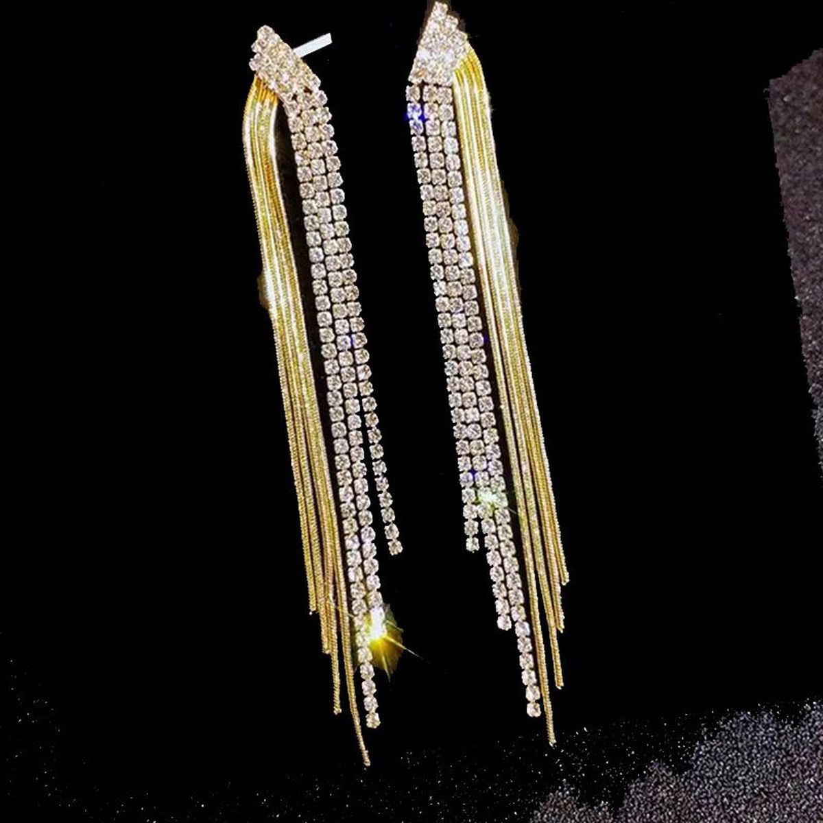 Box Chain Layer Rhinestone 18K Gold Anti Tarnish Long Tassel Dangler Earring For Women